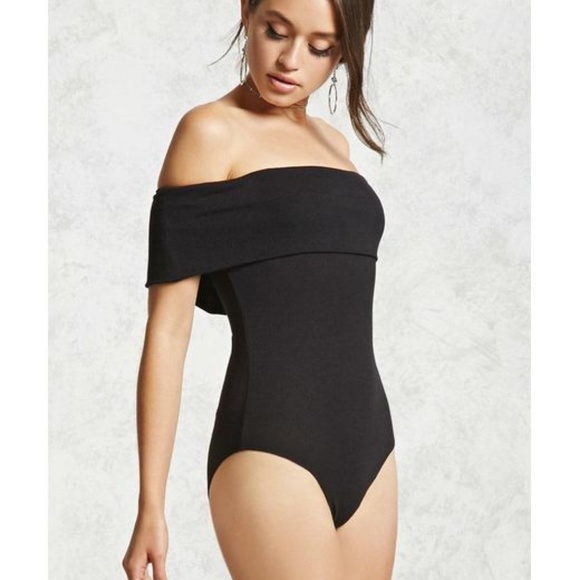Forever 21 Tops - Black Forever 21 Fold-Over Collar Black Bodysuit